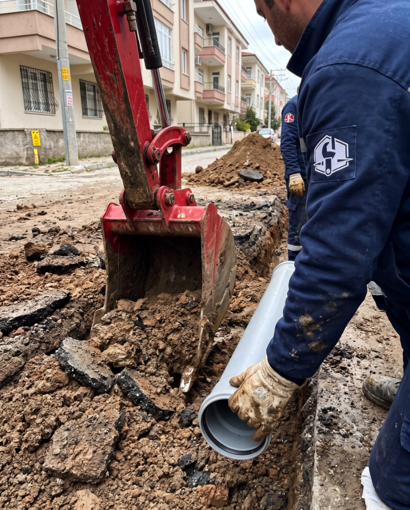 Özyiğit Teknik ağır altyapı kazı, kepçe ile parsel içi kanalizasyon boru yenileme